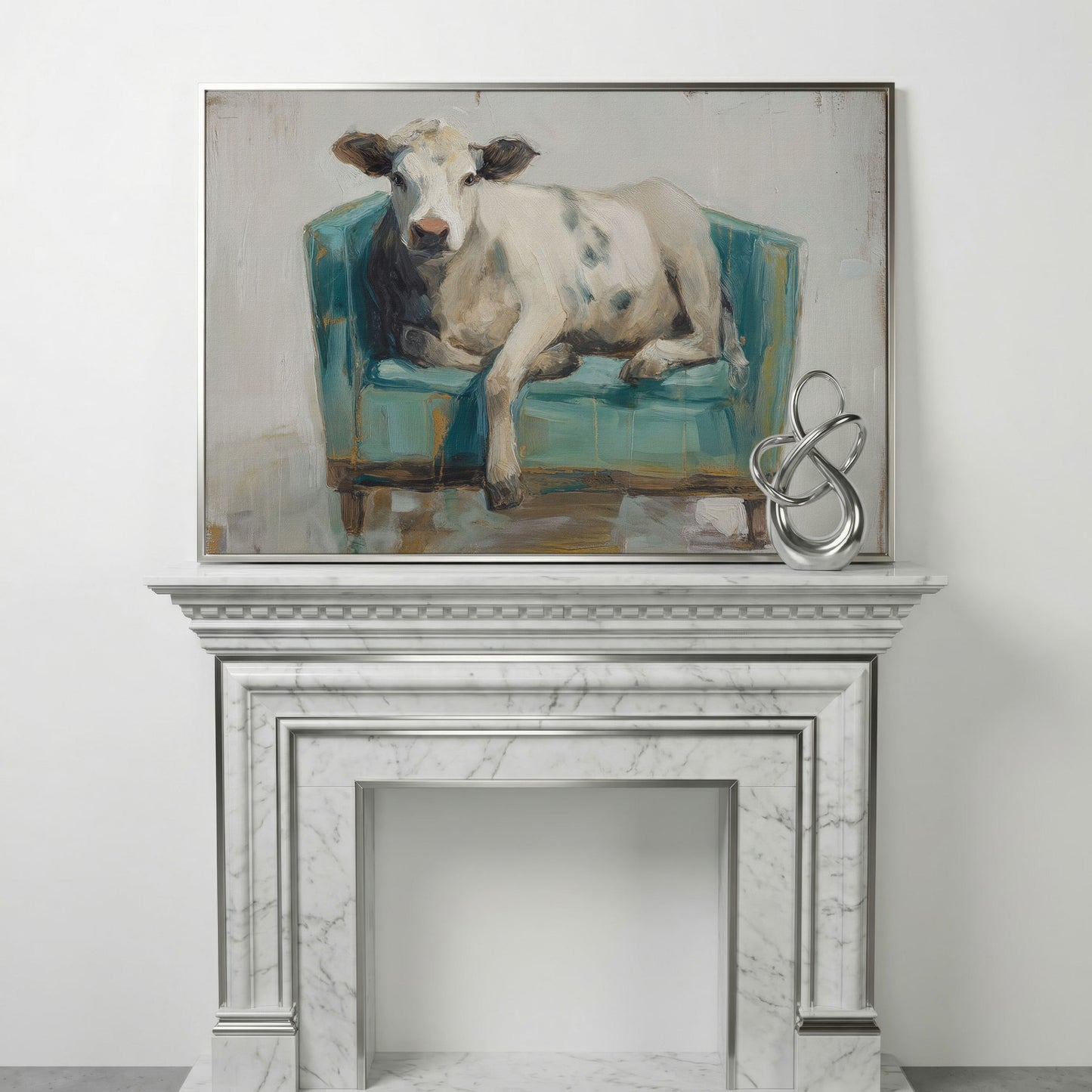 Holy Cow in an Armchair: Whimsical Animal Canvas Wall Art in silver floating frame