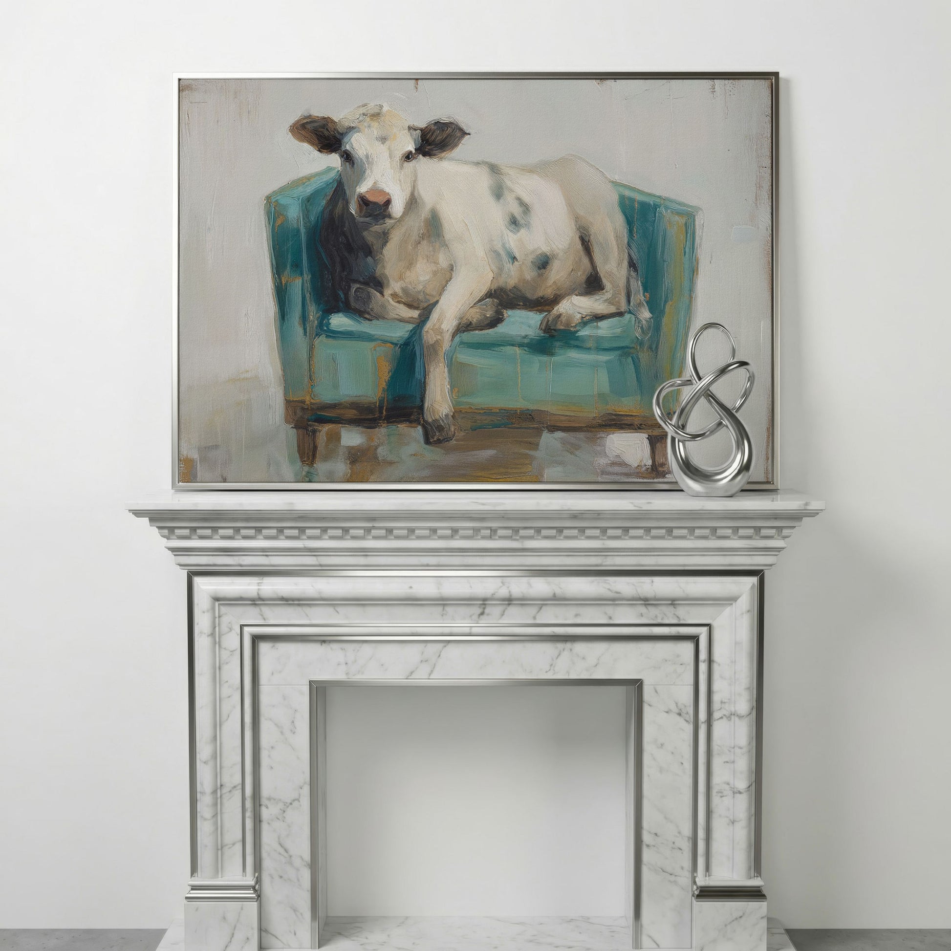 Holy Cow in an Armchair: Whimsical Animal Canvas Wall Art in silver floating frame