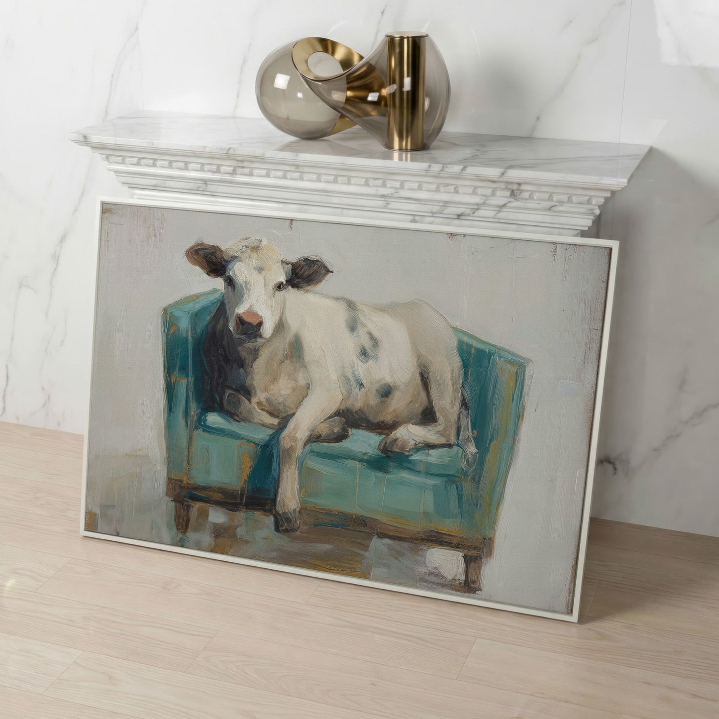Holy Cow in an Armchair: Whimsical Animal Canvas Wall Art in white floating frame