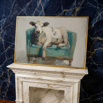 Holy Cow in an Armchair: Whimsical Animal Canvas Wall Art in yellow gold floating frame