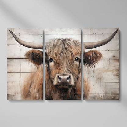 Highland Cow Portrait Canvas Wall Art, Rustic Farmhouse Decor as 3-panel split version