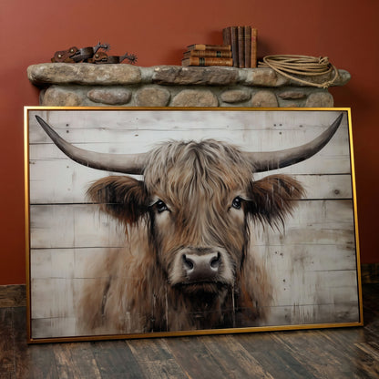Highland Cow Portrait Canvas Wall Art, Rustic Farmhouse Decor in antique gold floating frame