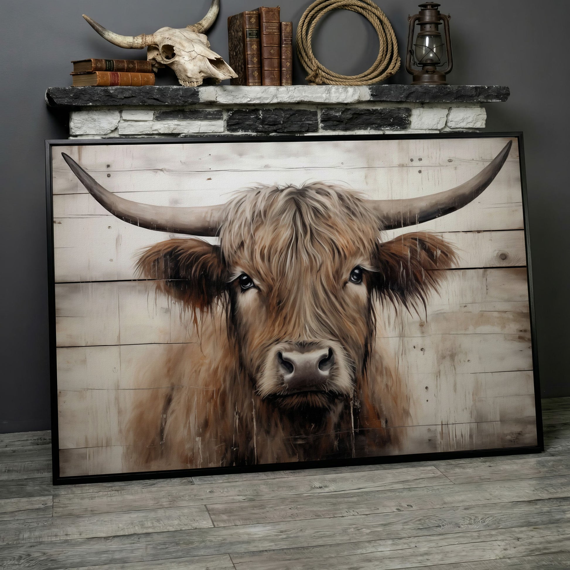 Highland Cow Portrait Canvas Wall Art, Rustic Farmhouse Decor in black floating frame