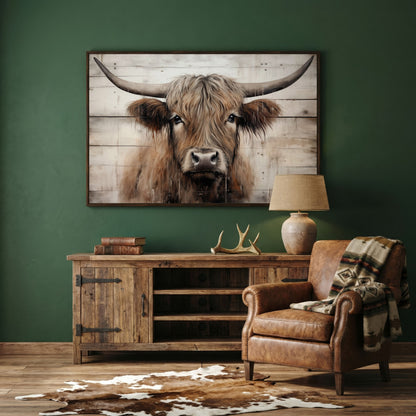 Highland Cow Portrait Canvas Wall Art, Rustic Farmhouse Decor in dark walnut floating frame