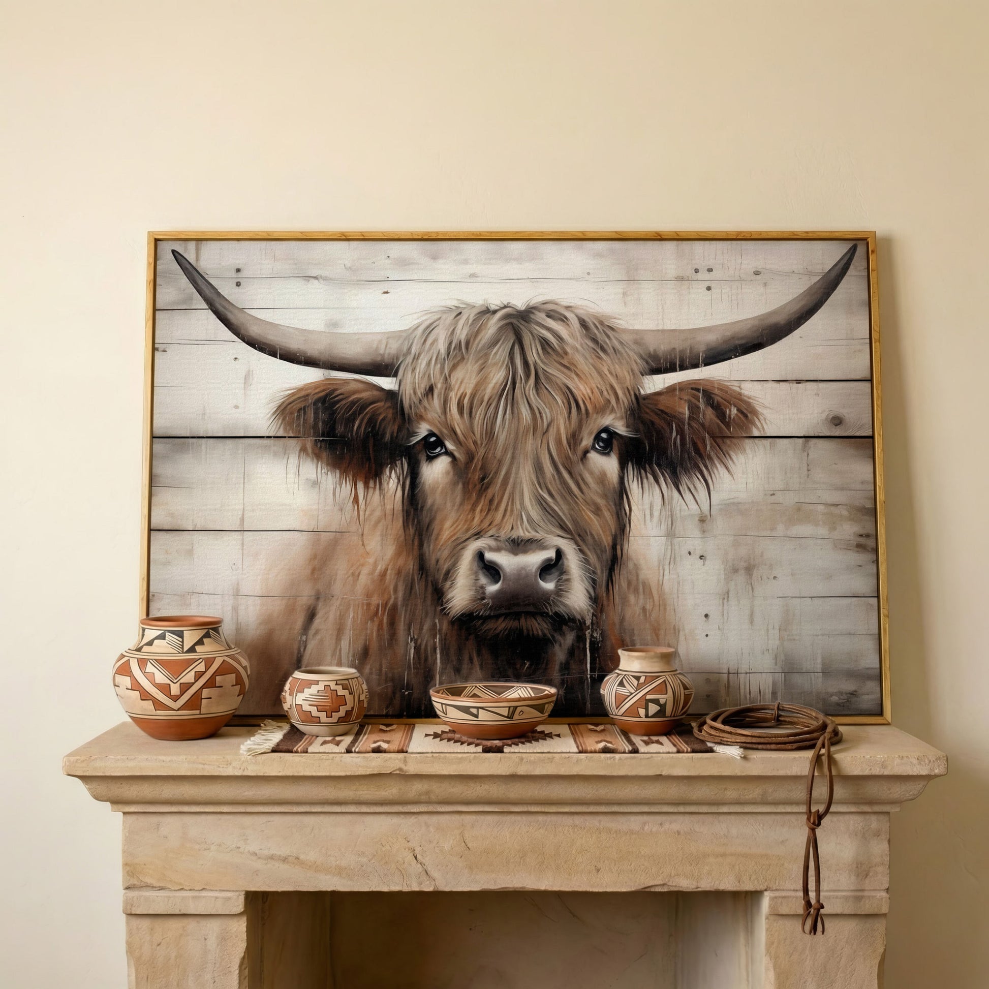 Highland Cow Portrait Canvas Wall Art, Rustic Farmhouse Decor in white oak floating frame