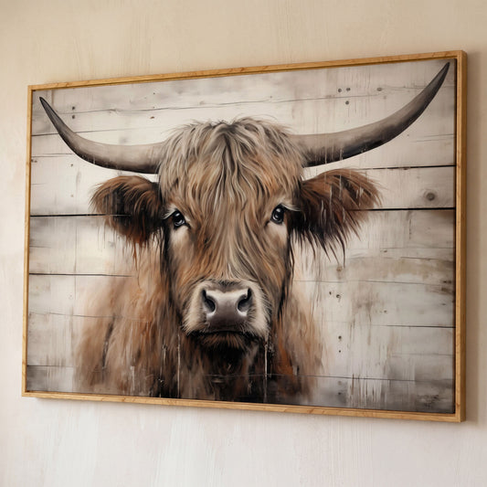 Highland Cow Portrait Canvas Wall Art, Rustic Farmhouse Decor shown in white oak floating frame