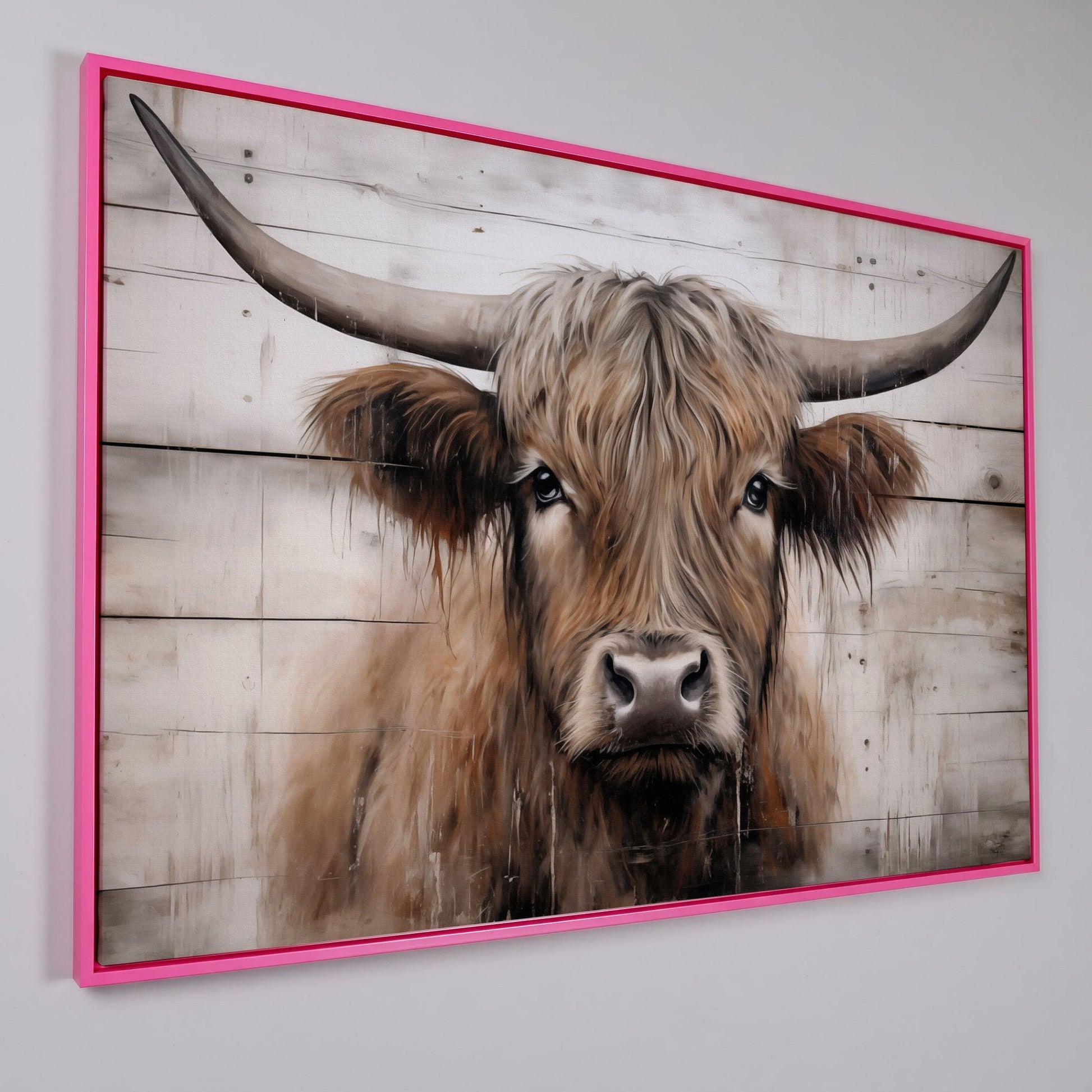 Highland Cow Portrait Canvas Wall Art, Rustic Farmhouse Decor in pink floating frame