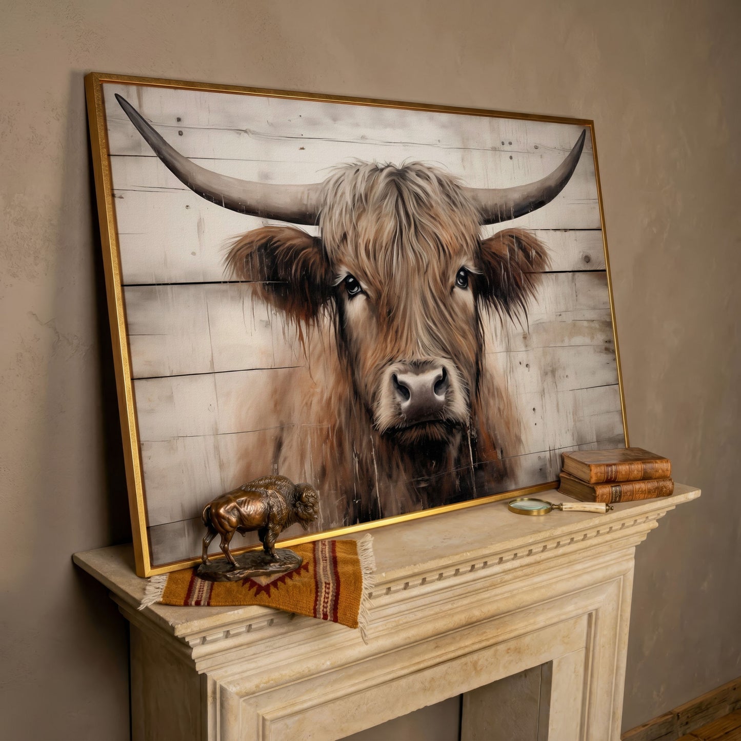 Highland Cow Portrait Canvas Wall Art, Rustic Farmhouse Decor in rose gold floating frame
