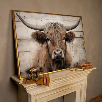 Highland Cow Portrait Canvas Wall Art, Rustic Farmhouse Decor in rose gold floating frame