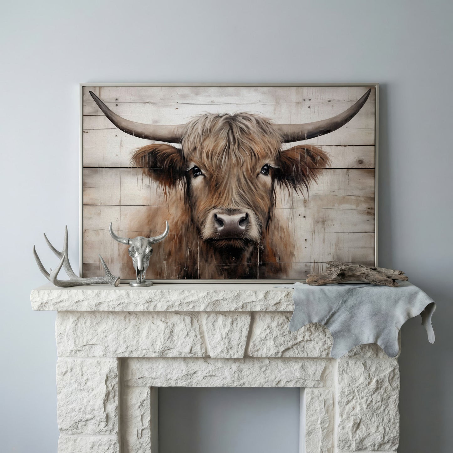 Highland Cow Portrait Canvas Wall Art, Rustic Farmhouse Decor in silver floating frame