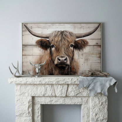 Highland Cow Portrait Canvas Wall Art, Rustic Farmhouse Decor in silver floating frame