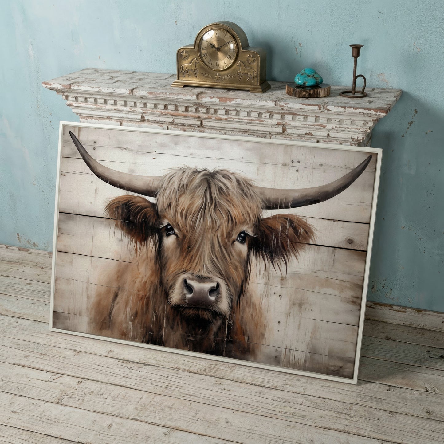 Highland Cow Portrait Canvas Wall Art, Rustic Farmhouse Decor in white floating frame