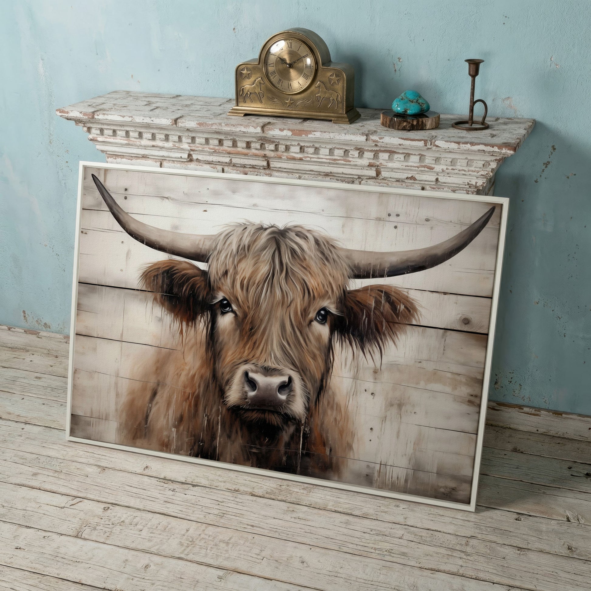 Highland Cow Portrait Canvas Wall Art, Rustic Farmhouse Decor in white floating frame