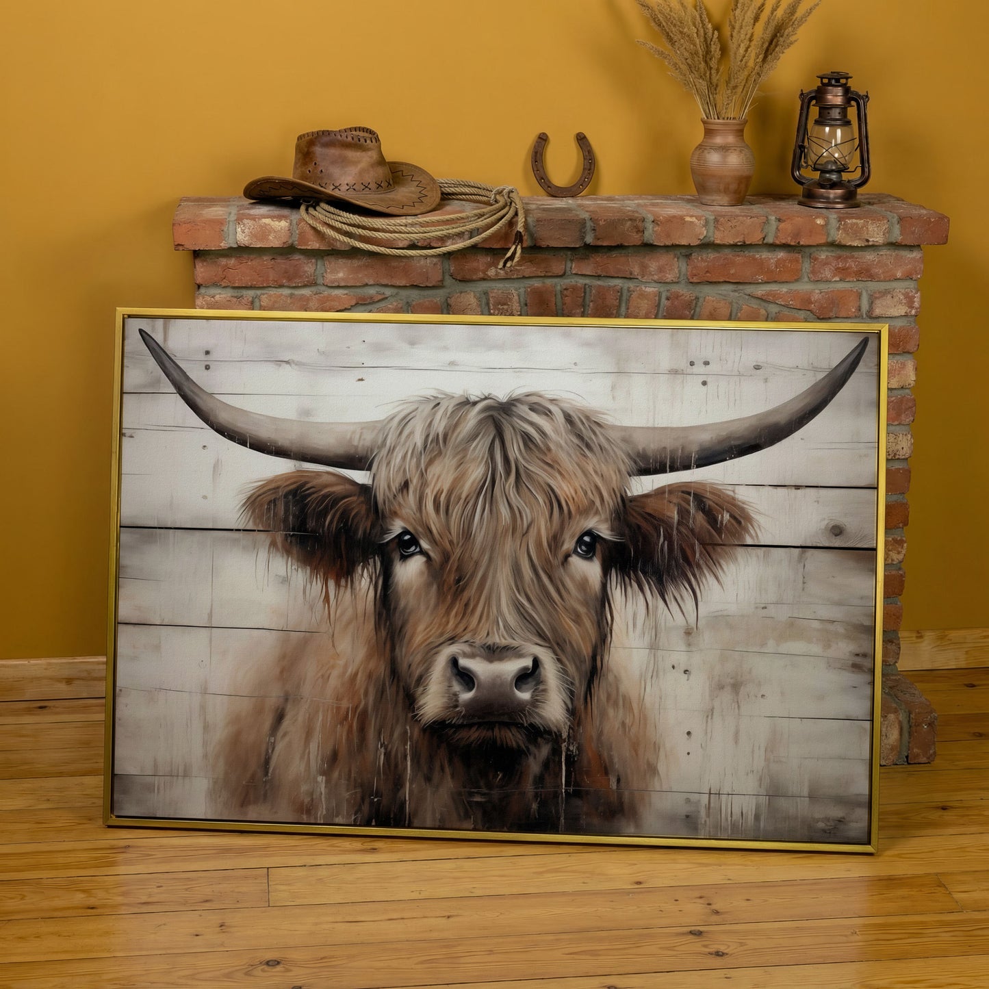Highland Cow Portrait Canvas Wall Art, Rustic Farmhouse Decor in yellow gold floating frame
