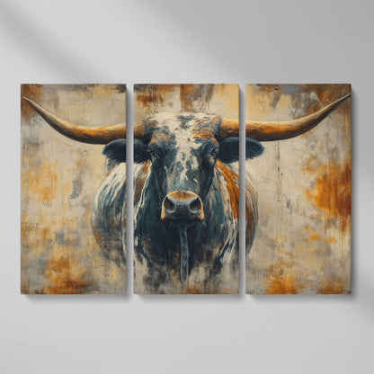 Longhorn Bull Portrait Canvas Wall Art, Western Ranch Decor as 3-panel split version