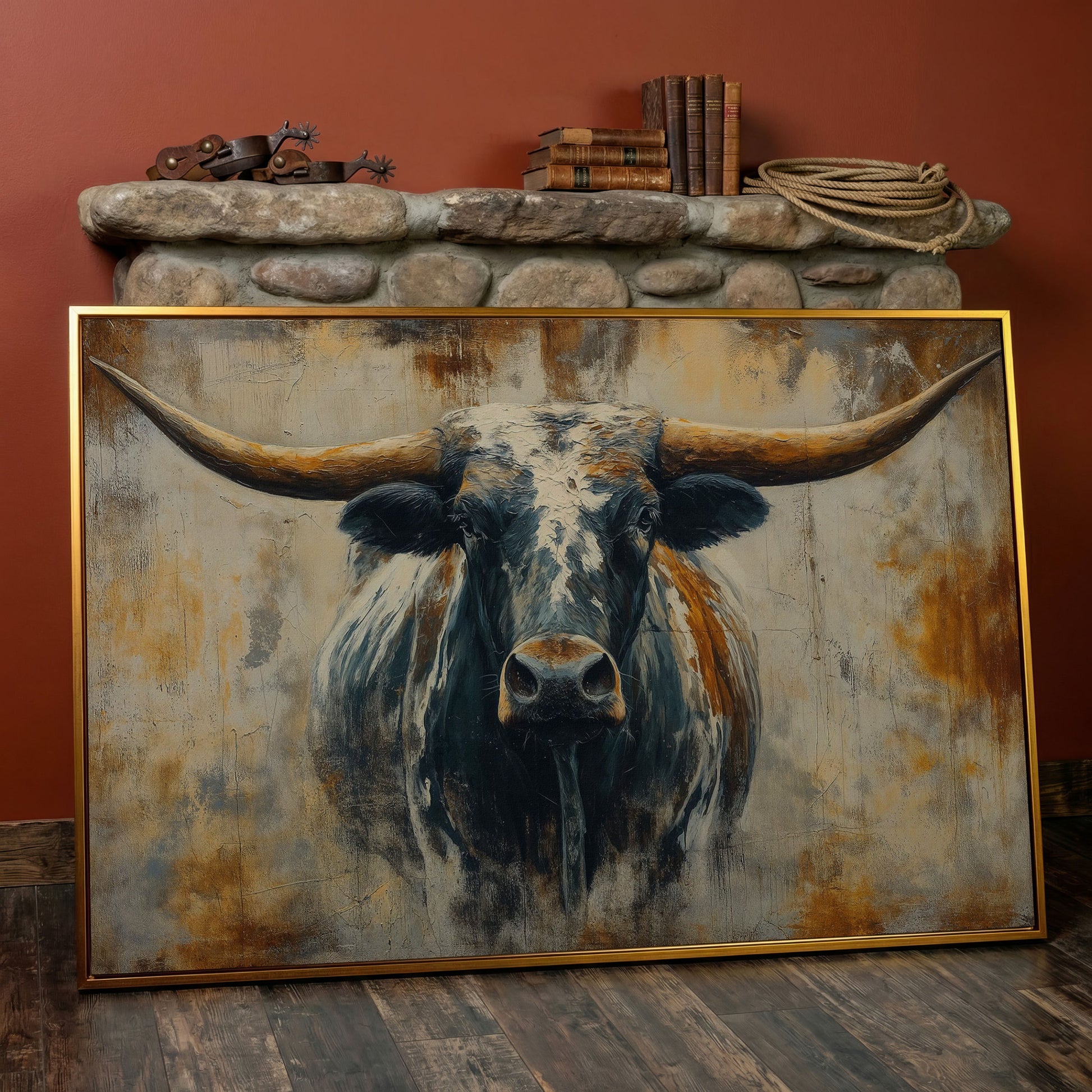 Longhorn Bull Portrait Canvas Wall Art, Western Ranch Decor in antique gold floating frame