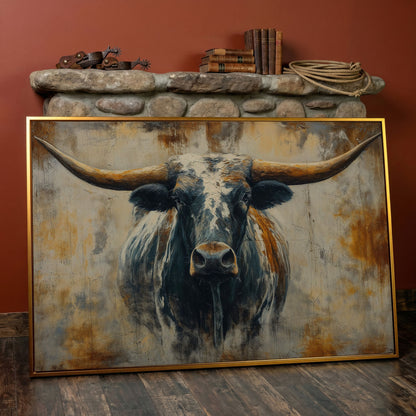 Longhorn Bull Portrait Canvas Wall Art, Western Ranch Decor in antique gold floating frame