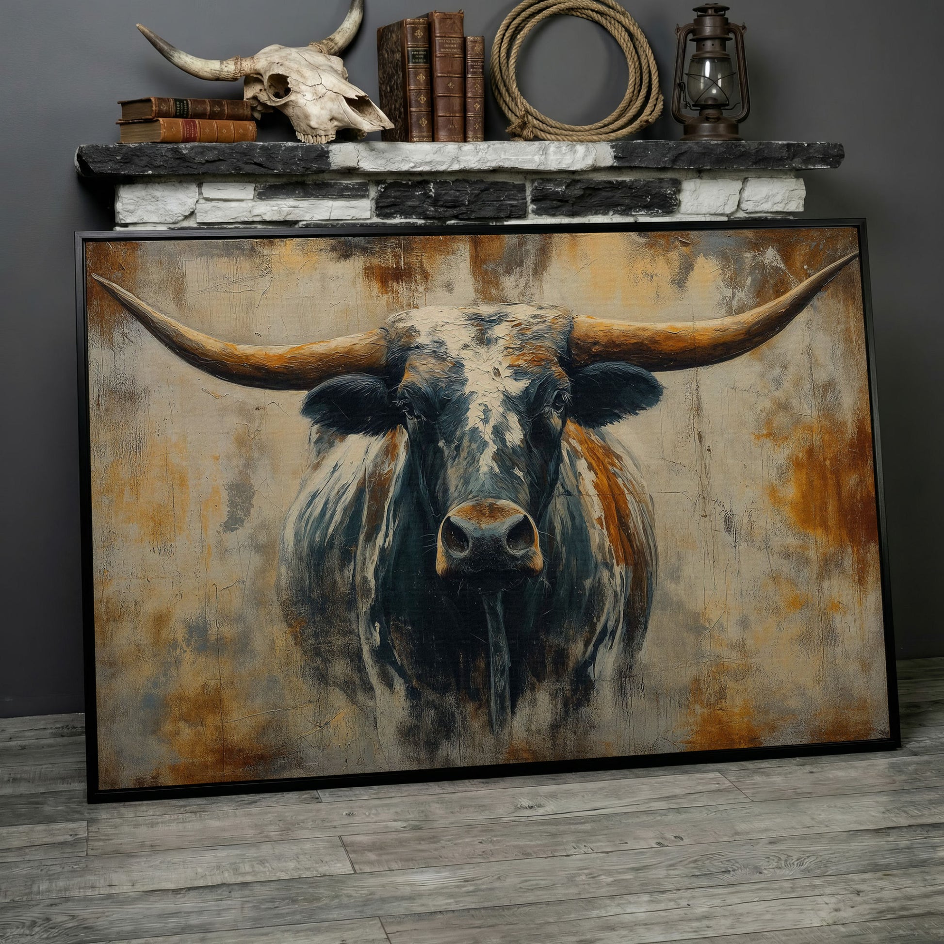 Longhorn Bull Portrait Canvas Wall Art, Western Ranch Decor in black floating frame