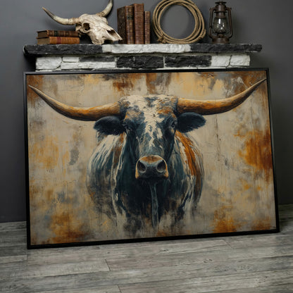 Longhorn Bull Portrait Canvas Wall Art, Western Ranch Decor in black floating frame