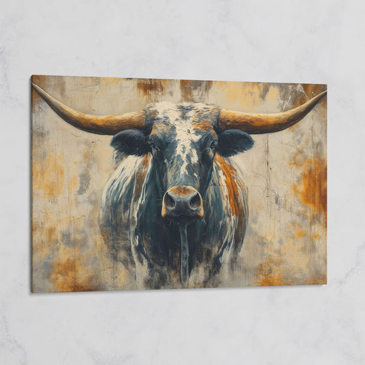 Longhorn Bull Portrait Canvas Wall Art, Western Ranch Decor on gallery wrap