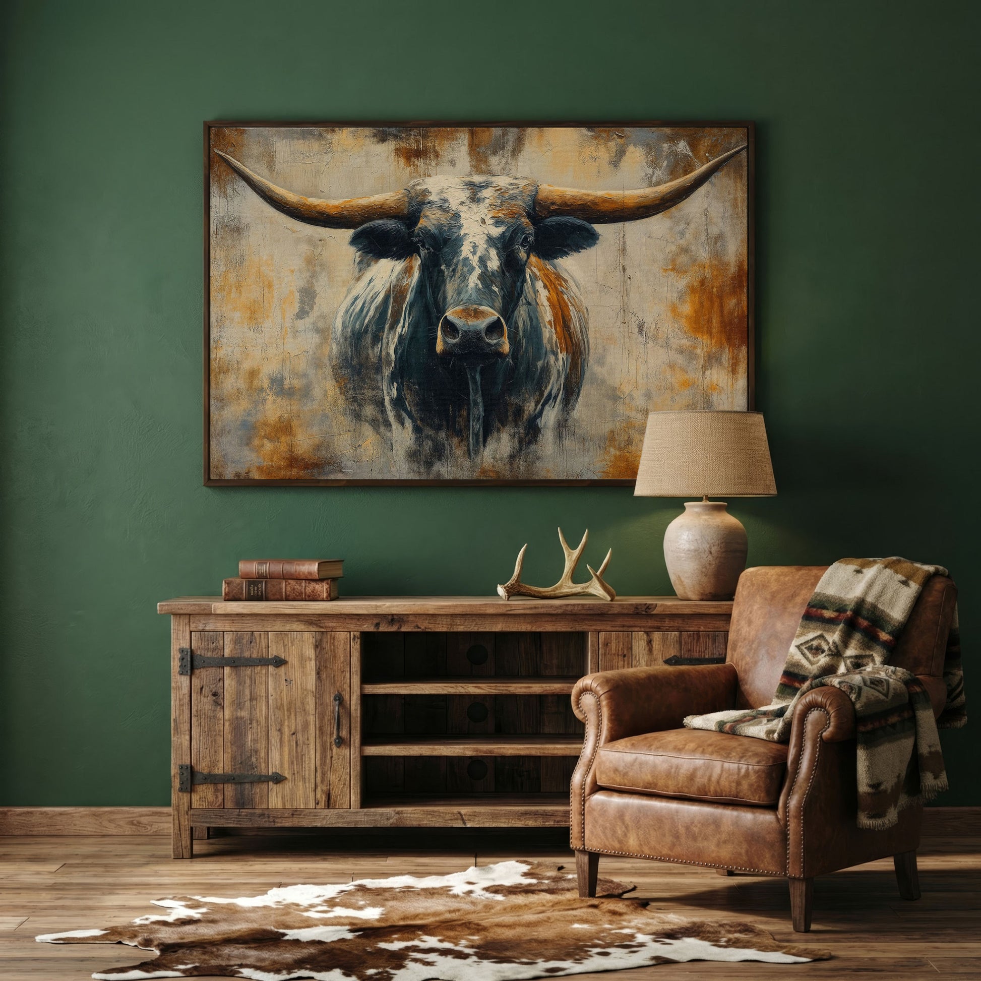 Longhorn Bull Portrait Canvas Wall Art, Western Ranch Decor in dark walnut floating frame