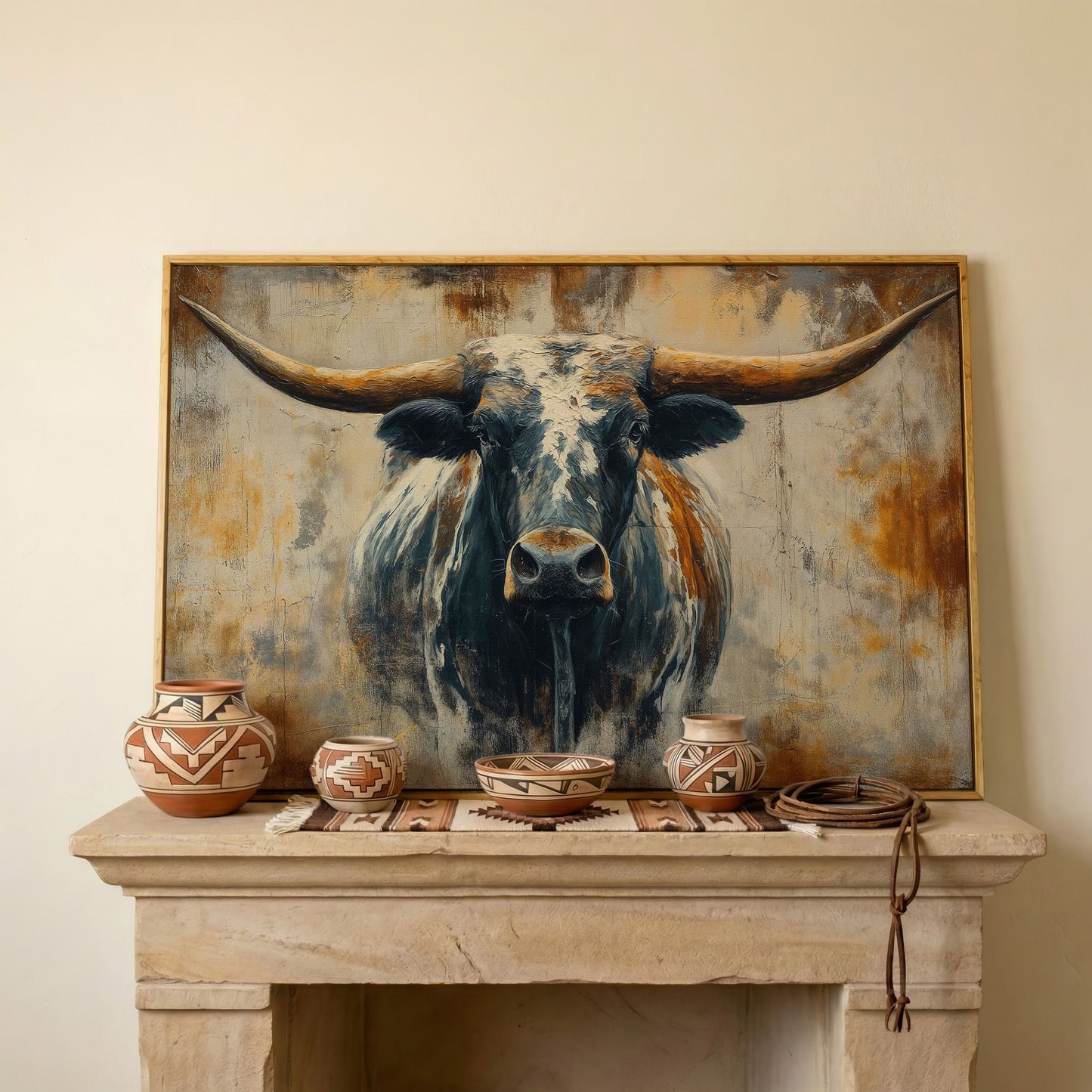 Longhorn Bull Portrait Canvas Wall Art, Western Ranch Decor in white oak floating frame