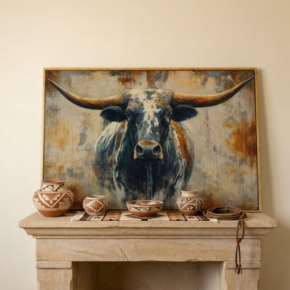 Longhorn Bull Portrait Canvas Wall Art, Western Ranch Decor in white oak floating frame