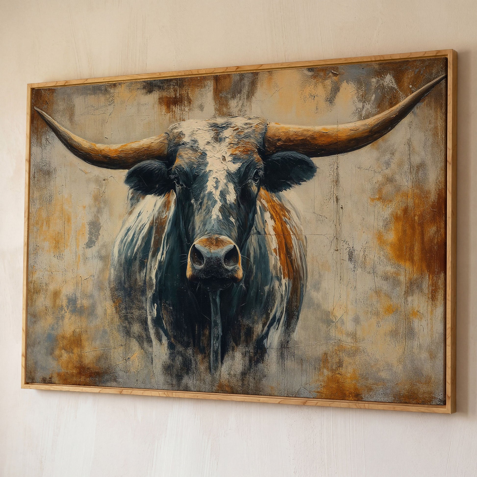 Longhorn Bull Portrait Canvas Wall Art, Western Ranch Decor shown in white oak floating frame