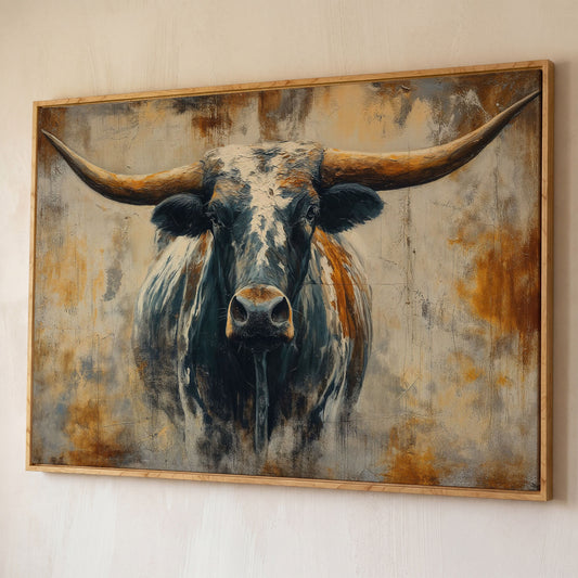 Longhorn Bull Portrait Canvas Wall Art, Western Ranch Decor shown in white oak floating frame