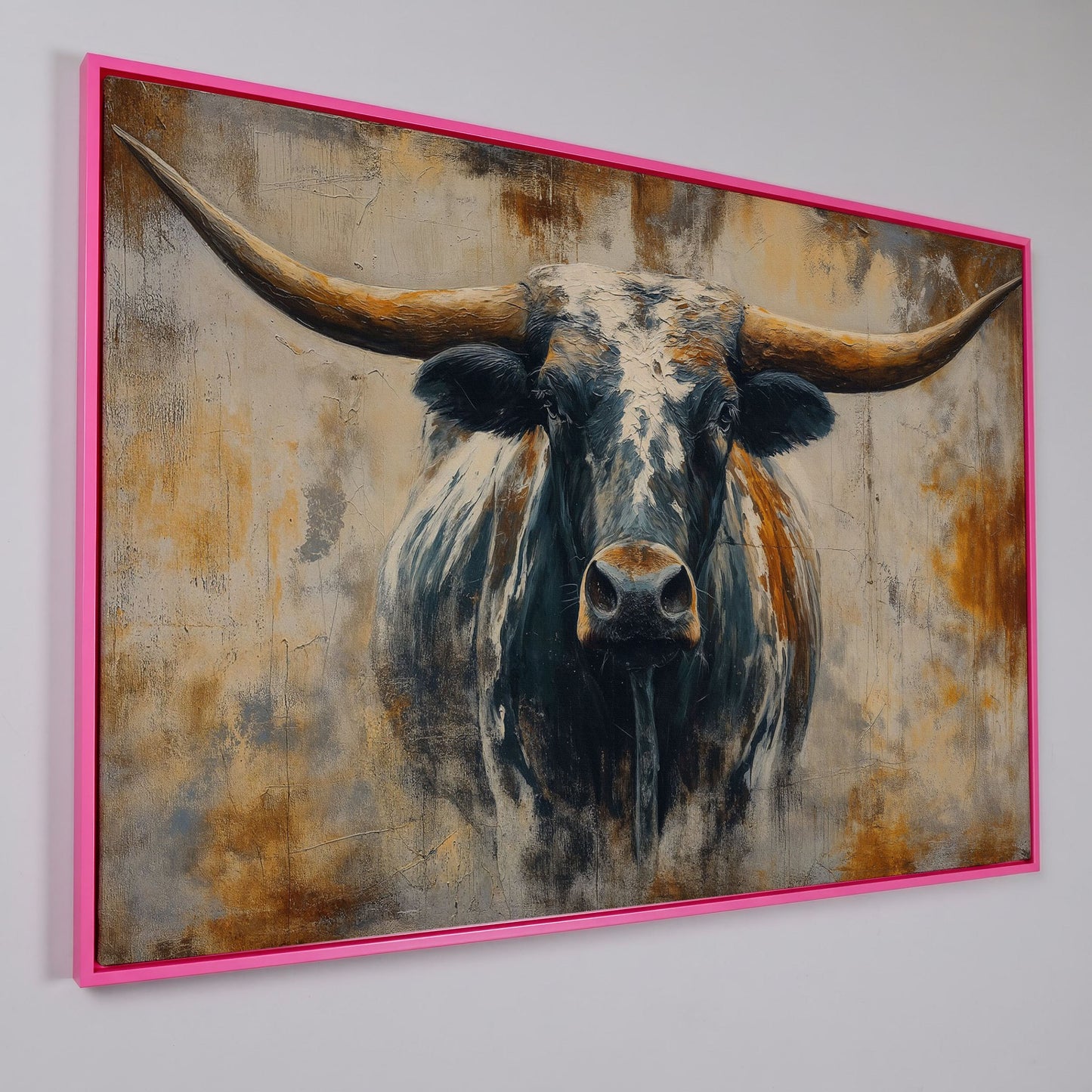 Longhorn Bull Portrait Canvas Wall Art, Western Ranch Decor in pink floating frame