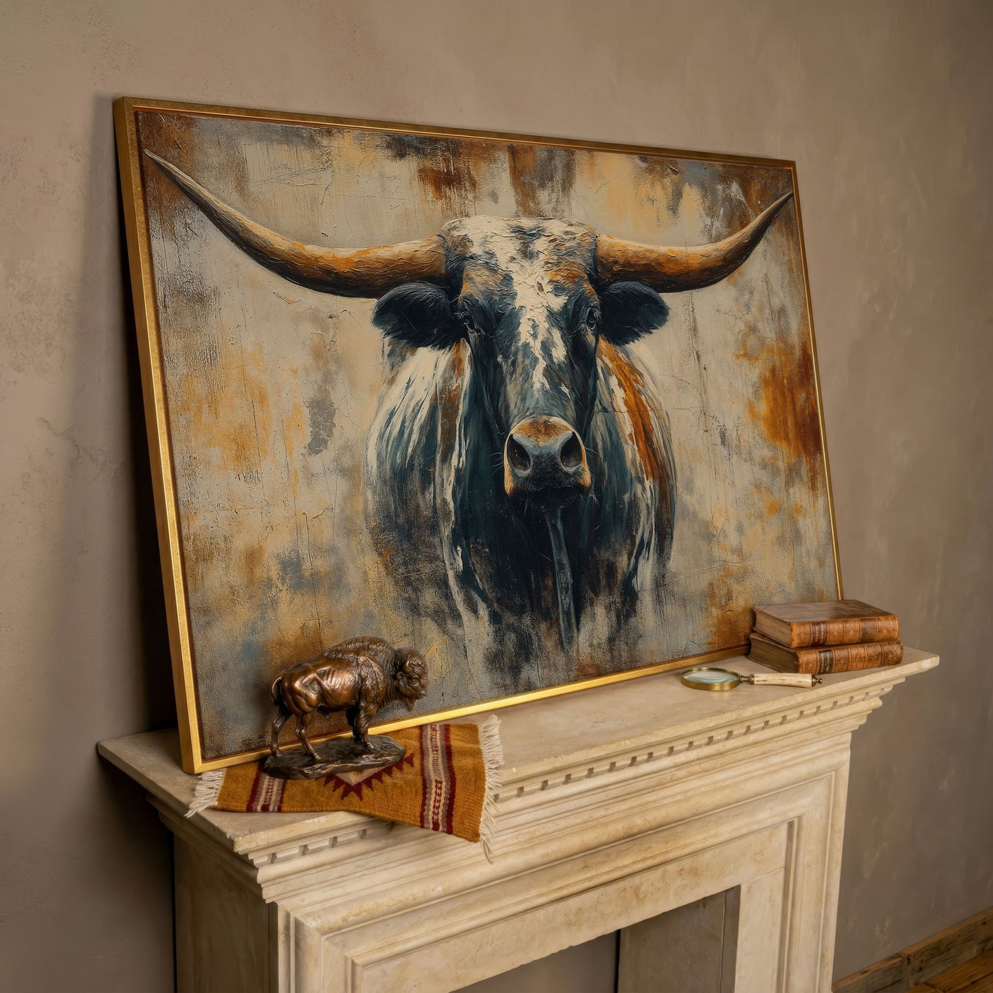 Longhorn Bull Portrait Canvas Wall Art, Western Ranch Decor in rose gold floating frame