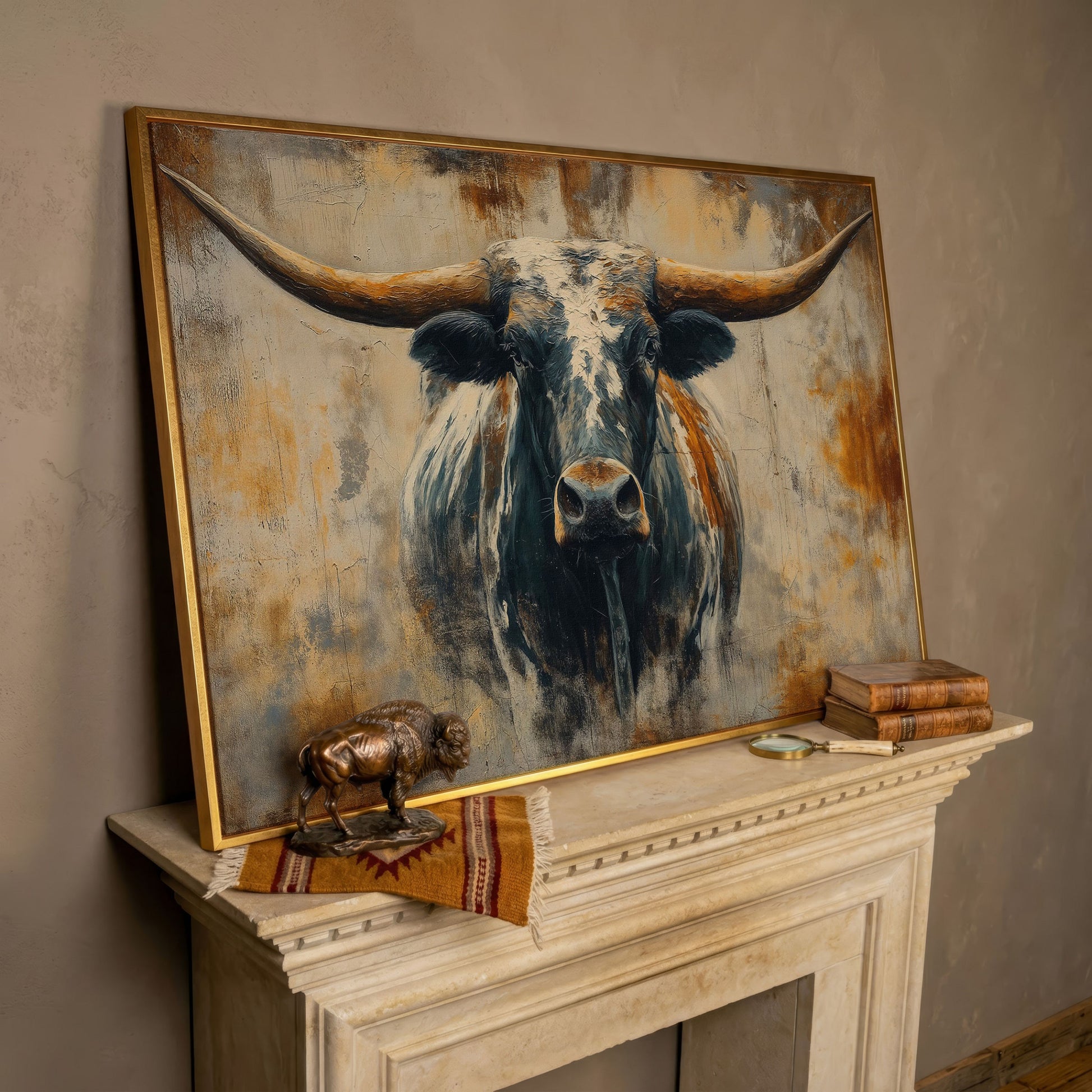 Longhorn Bull Portrait Canvas Wall Art, Western Ranch Decor in rose gold floating frame