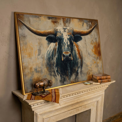 Longhorn Bull Portrait Canvas Wall Art, Western Ranch Decor in rose gold floating frame