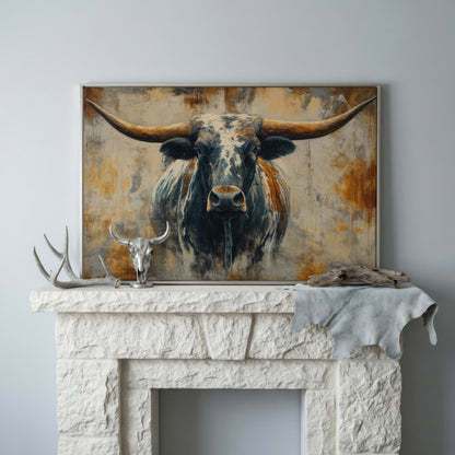 Longhorn Bull Portrait Canvas Wall Art, Western Ranch Decor in silver floating frame