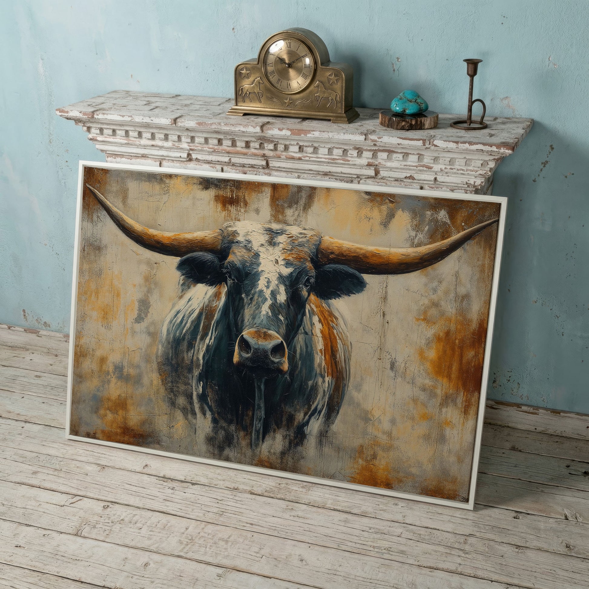 Longhorn Bull Portrait Canvas Wall Art, Western Ranch Decor in white floating frame