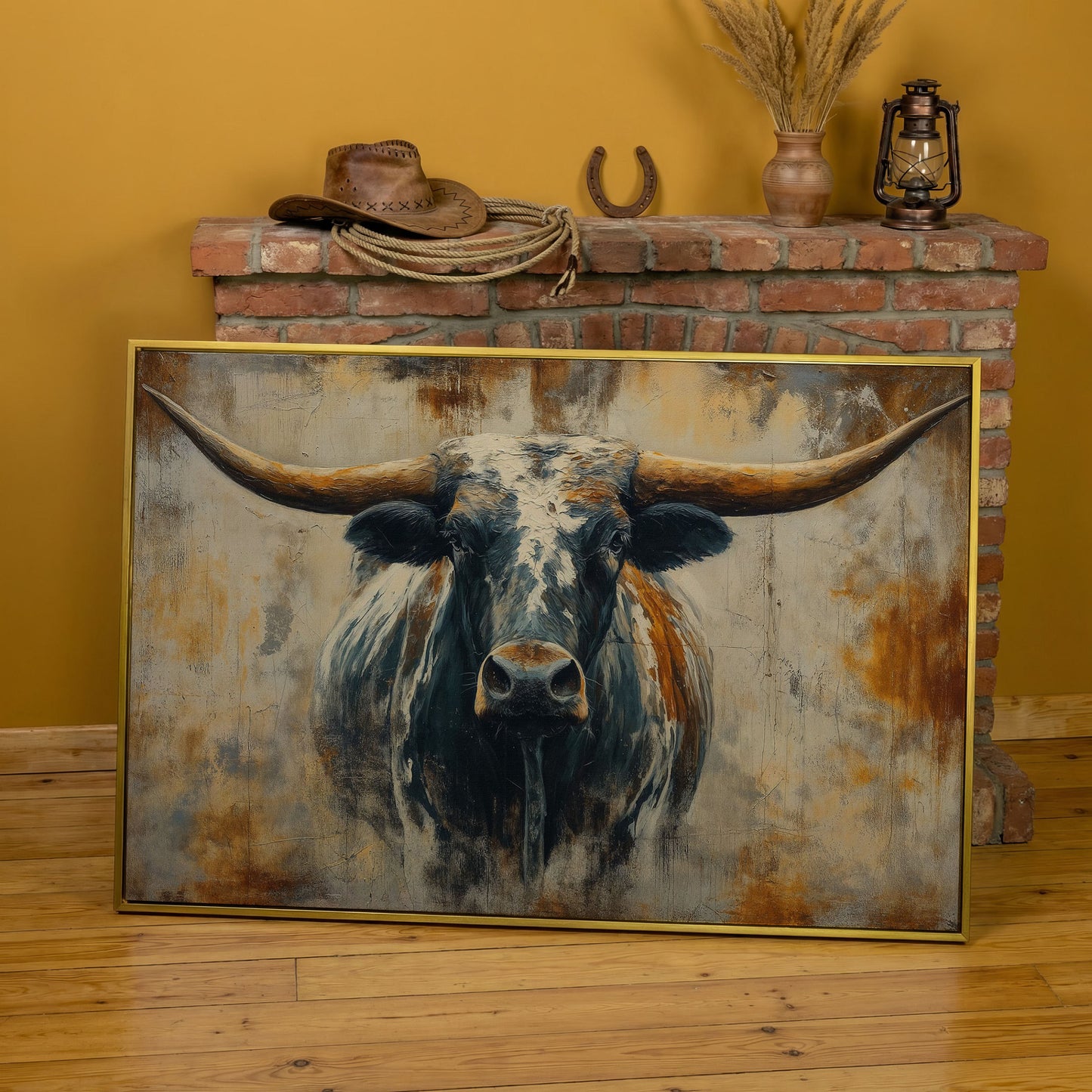 Longhorn Bull Portrait Canvas Wall Art, Western Ranch Decor in yellow gold floating frame