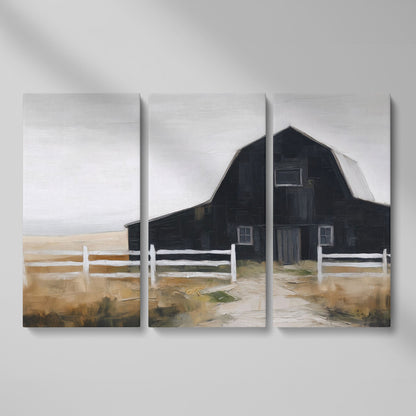 Dark Barn and White Fence Rural Canvas Wall Art as 3-panel split version