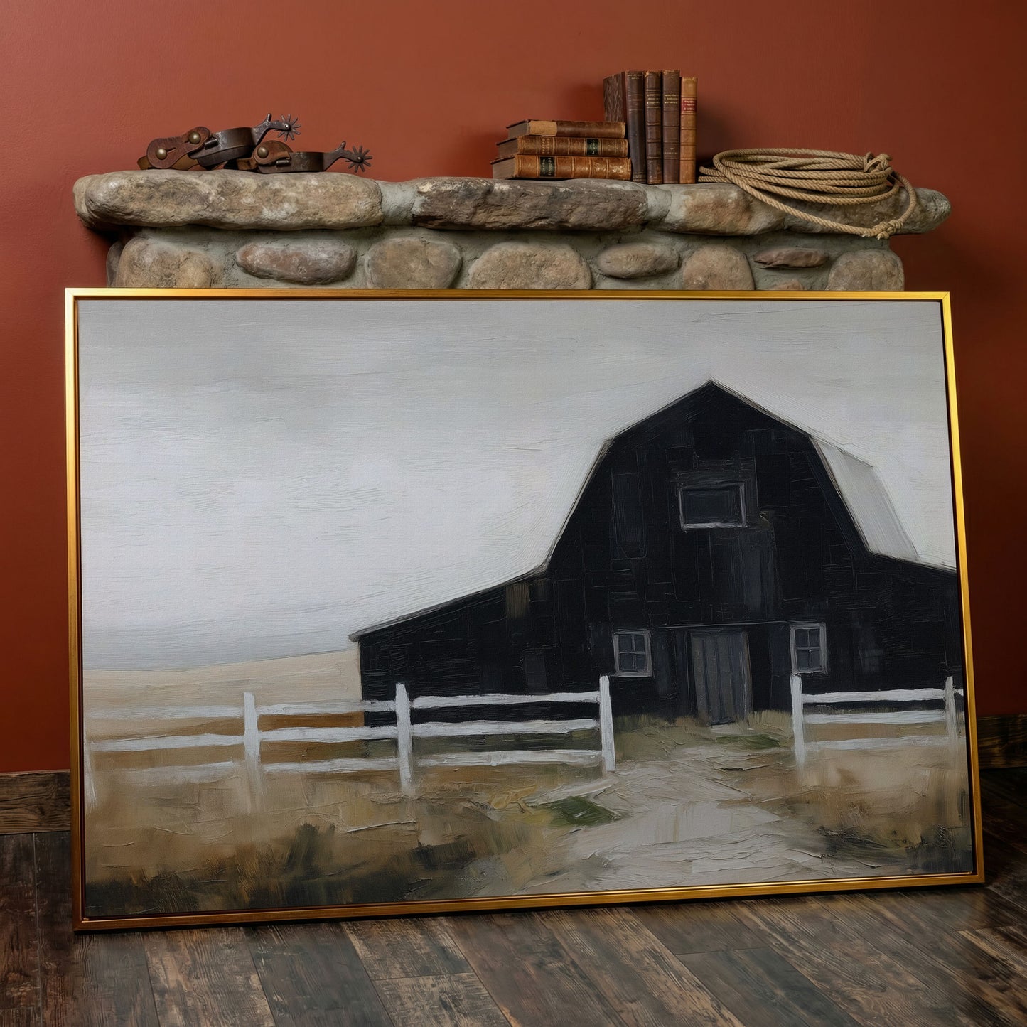 Dark Barn and White Fence Rural Canvas Wall Art in antique gold floating frame