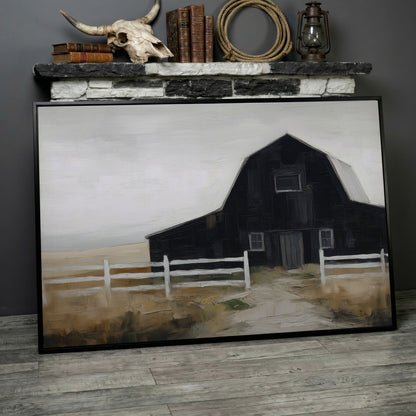Dark Barn and White Fence Rural Canvas Wall Art in black floating frame