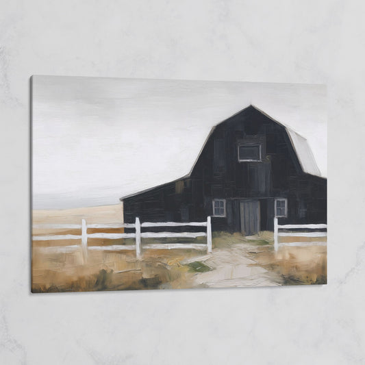 Dark Barn and White Fence Rural Canvas Wall Art on gallery wrap