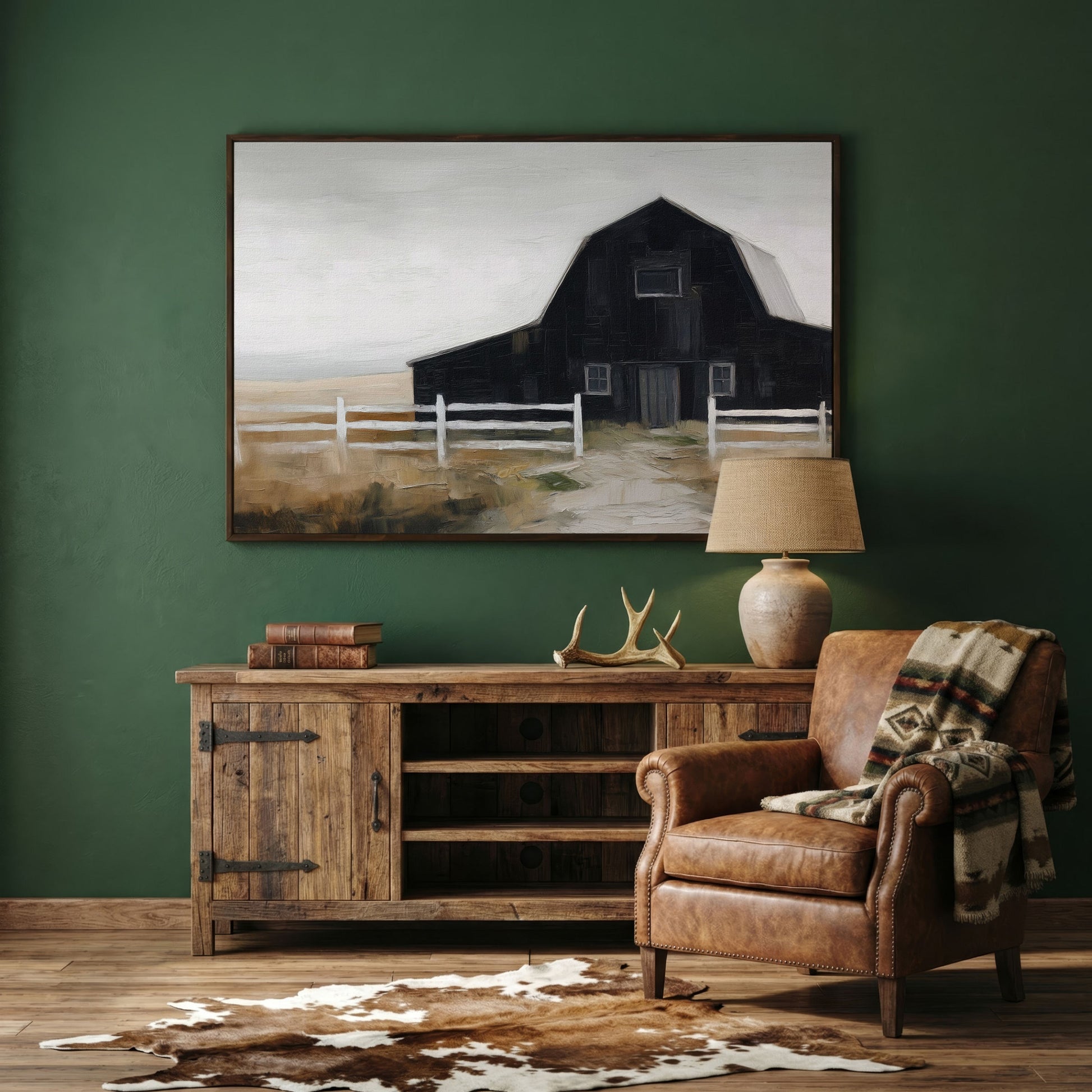 Dark Barn and White Fence Rural Canvas Wall Art in dark walnut floating frame