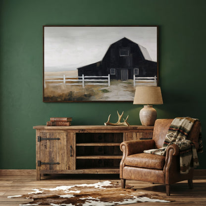 Dark Barn and White Fence Rural Canvas Wall Art in dark walnut floating frame