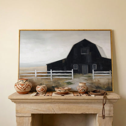 Dark Barn and White Fence Rural Canvas Wall Art in white oak floating frame