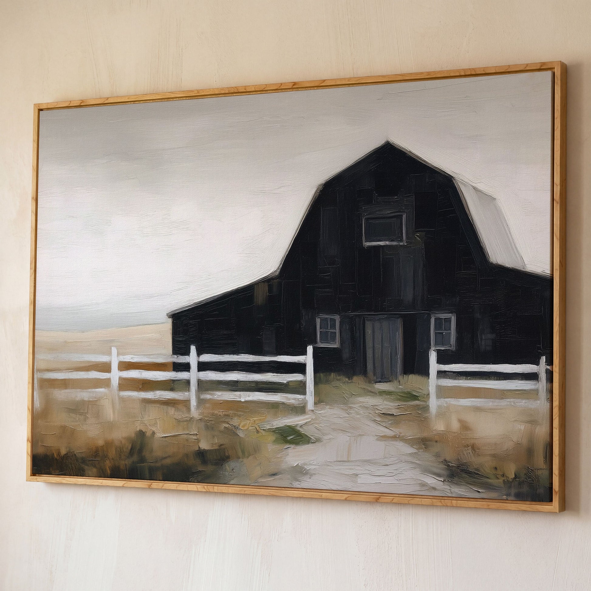 Dark Barn and White Fence Rural Canvas Wall Art shown in white oak floating frame