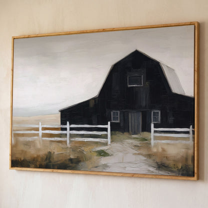 Dark Barn and White Fence Rural Canvas Wall Art shown in white oak floating frame