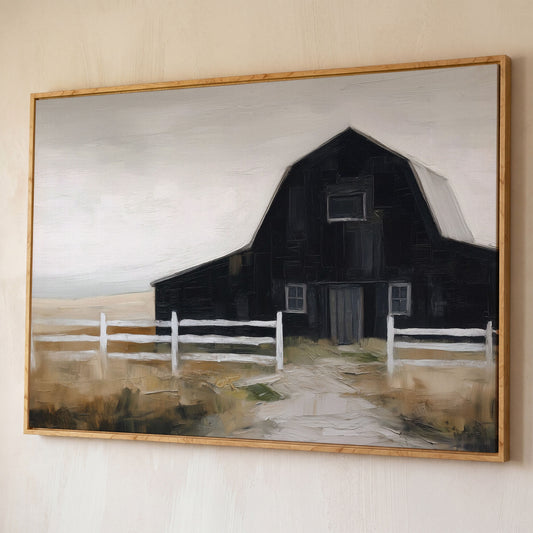 Dark Barn and White Fence Rural Canvas Wall Art shown in white oak floating frame