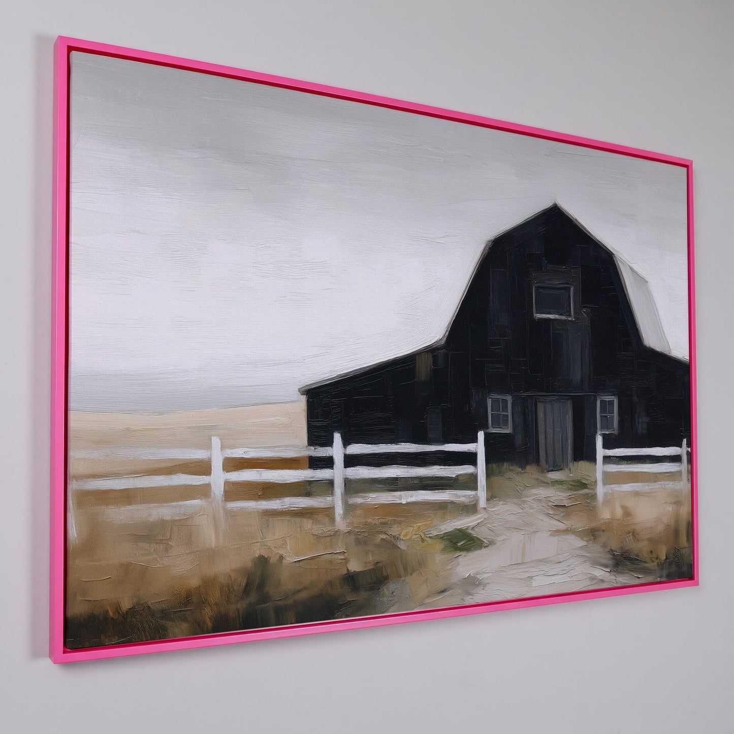 Dark Barn and White Fence Rural Canvas Wall Art in pink floating frame