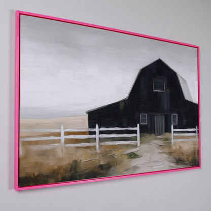 Dark Barn and White Fence Rural Canvas Wall Art in pink floating frame