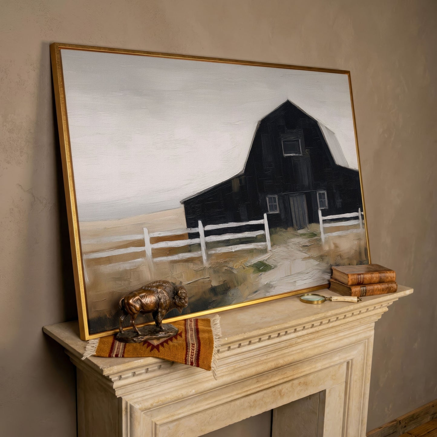 Dark Barn and White Fence Rural Canvas Wall Art in rose gold floating frame