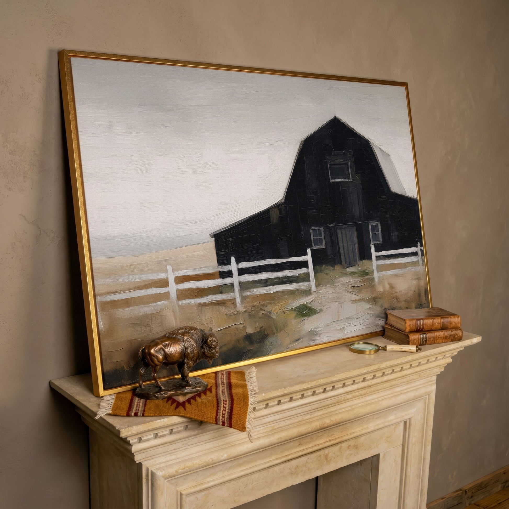 Dark Barn and White Fence Rural Canvas Wall Art in rose gold floating frame